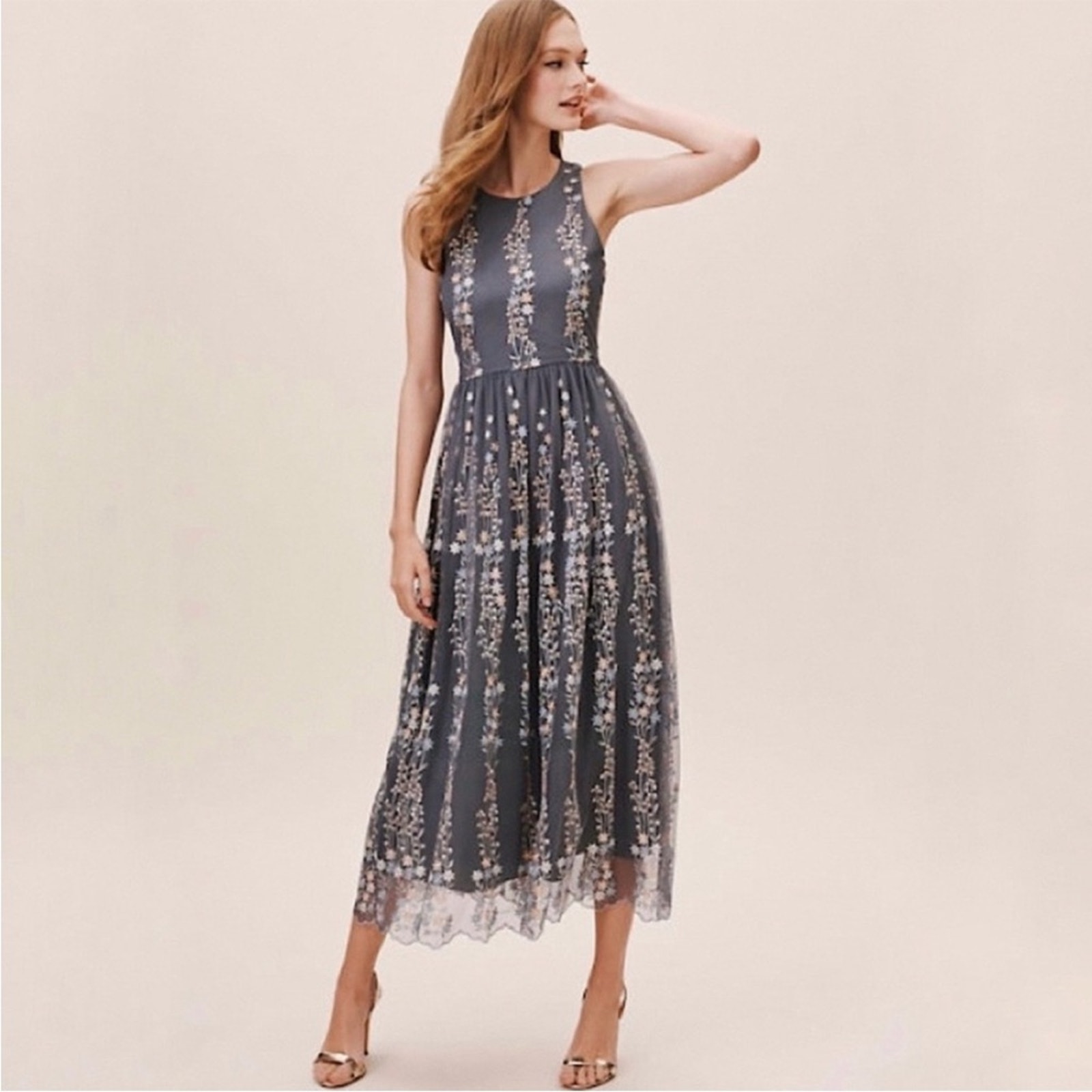 Bhldn Floral Embroidered Holiday Parsons Dress Sz 14